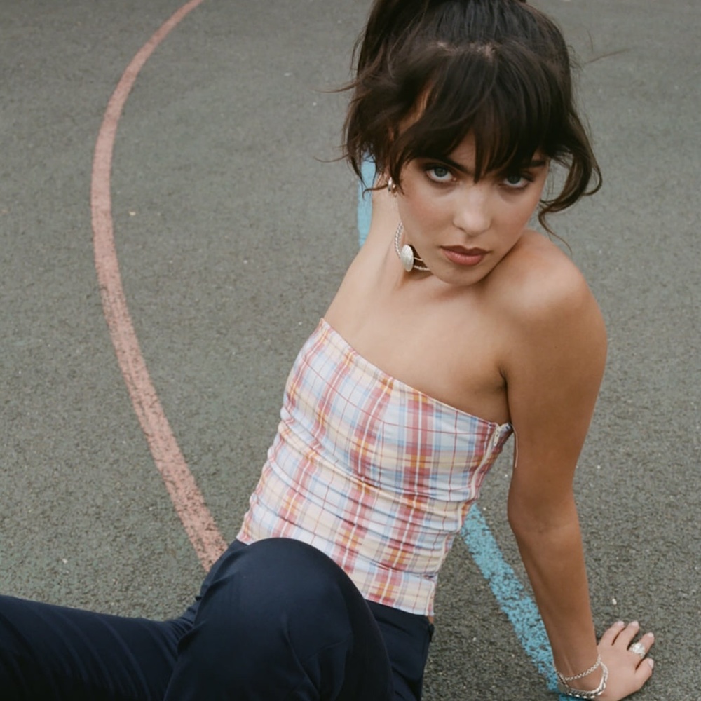 Plaid Strapless Crop Top in Pastel Multicolor
